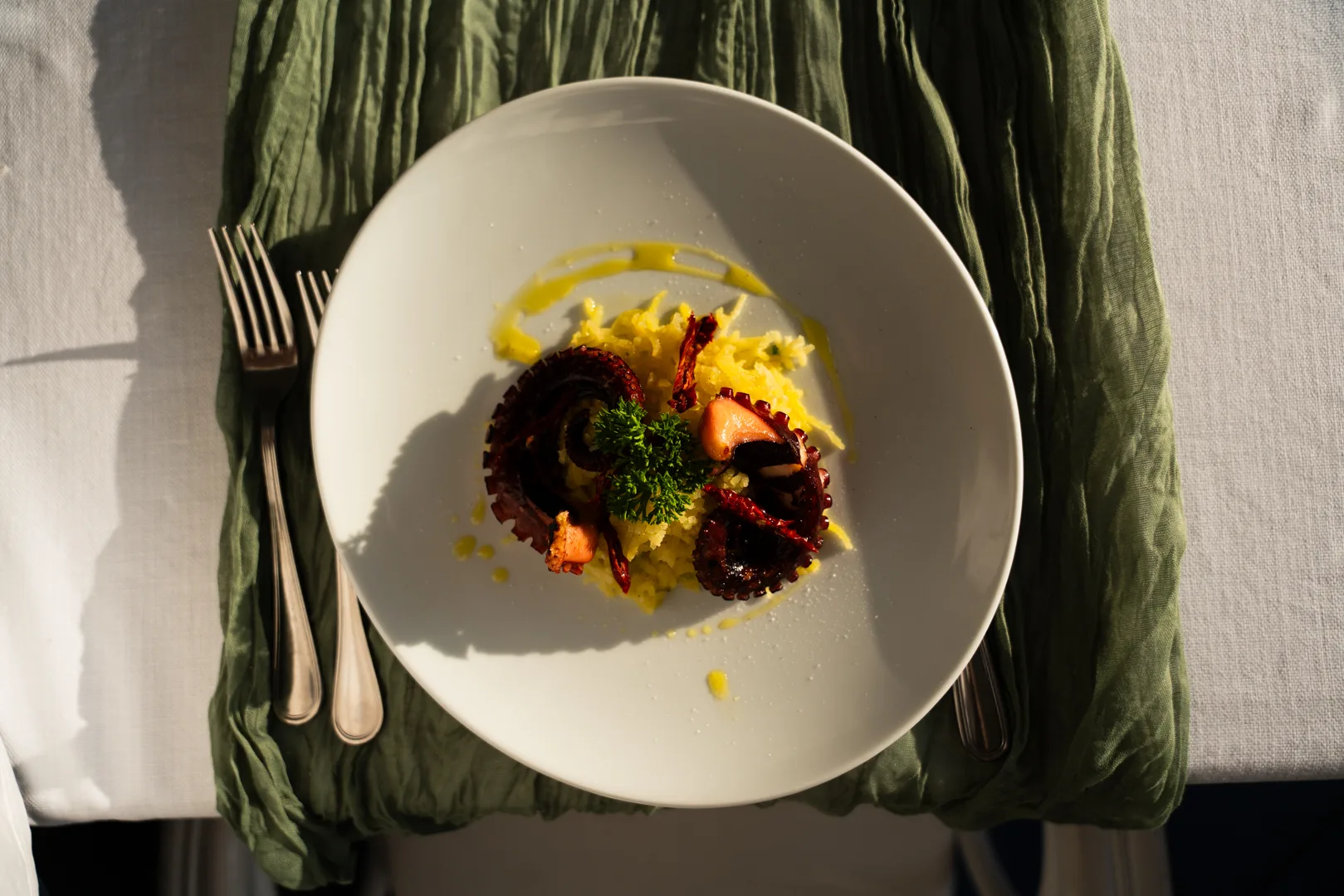 Polpo grigliato con crema di patate, piatto gourmet